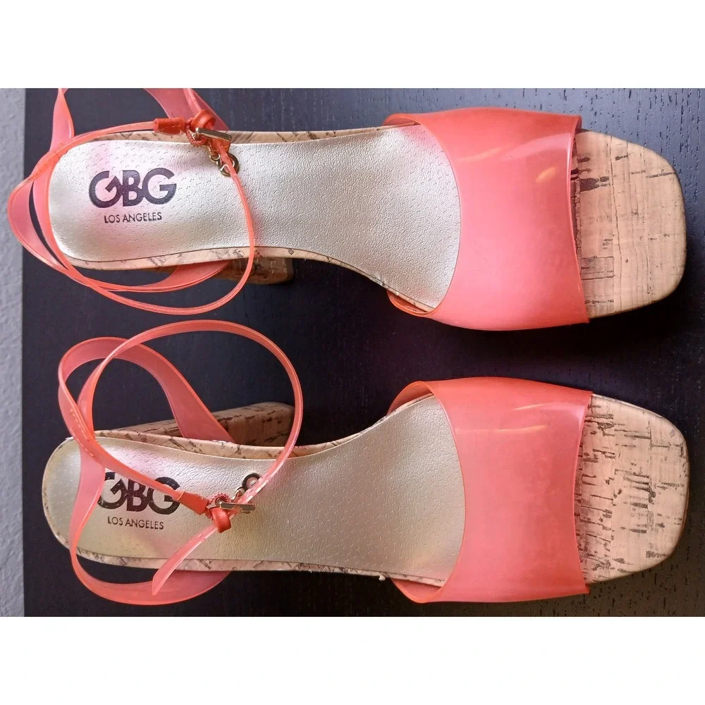 GBG Los Angeles GGQUEEN Pink Jelly Cork Platform Block Heel Sandals Womens 9.5 M